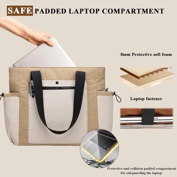 Cream Khaki Lightweight Puffer Tote Bag for Women with Laptop Compartment - Picture 4 of 7